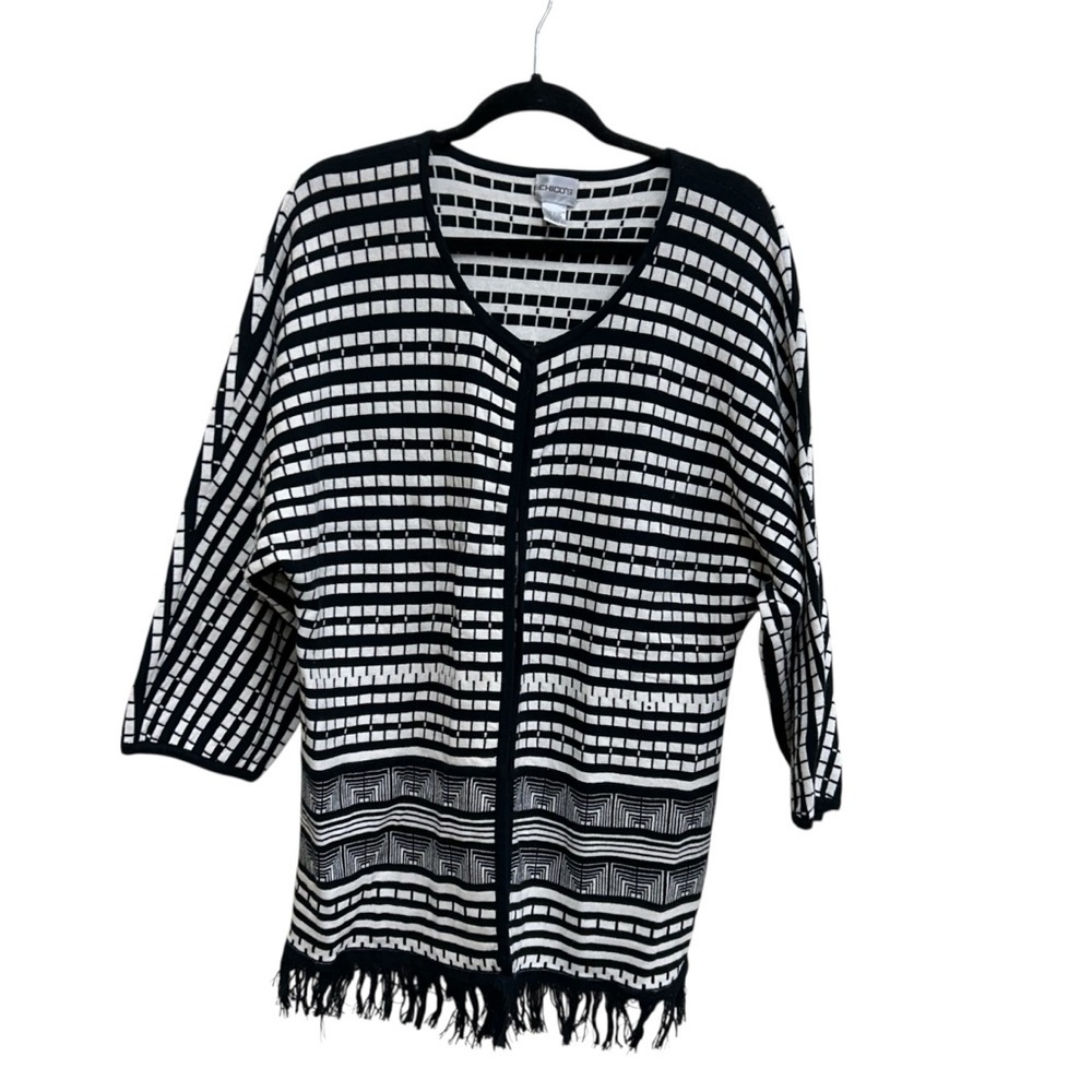 Chico's Black and White Geometric Patterned Cardigan with Fringe Hem Size 2
